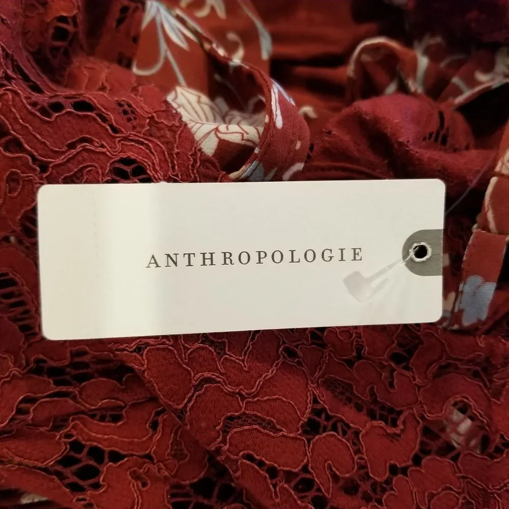Anthropologie Tracy Reese Women Lace Pleated Midi Dress Size 10 Maroon Cap Sleev